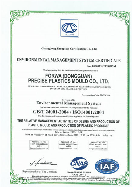 중국 FORWA PRECISE PLASTIC MOULD CO.,LTD. 인증
